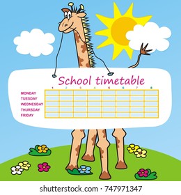 School timetable, vector icon. Giraffe holding school timetable.
