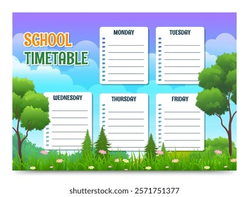 School timetable vector with nature cartoon landscape theme
