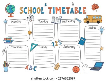 School timetable. Vector planner template for students. Funny doodle school schedule. Kids hand drawn outline design.