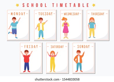 School timetable vector template. Children weekly planner empty pages concept design with flat illustrations. Happy boys and girls cartoon characters. Pupils schedule, personal organizer layout
