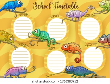 School timetable vector template of student schedule, education design. School timetable weekly planner with lesson chart layout with background frame of cute cartoon chameleon lizards