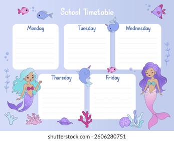 School timetable. Vector template of weekly schedule for schoolchildren with mermaids and fishes. Vector illustration