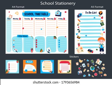 School timetable for week in English. Schedule program after school. Education lessons plan.  Cute memo kids stickers. Printable planner, diary for student. Stationery set for children. To Do List.