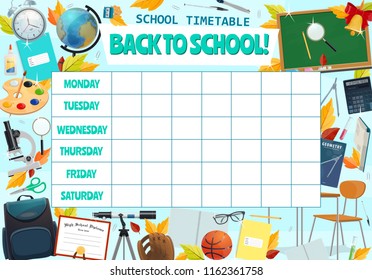 School timetable for week lessons. Vector blackboard design of stationery and books for algebra, geometry or mathematics and literature with sport training for Back to School education season