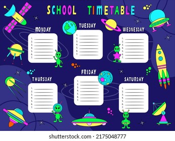The school timetable for the week with space elements.