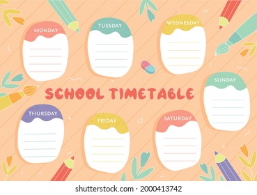 School Timetable, Weekly Classes Schedule In Cartoon Style. Vector School Timetable Sketch Schedule, Education Supplies, Tools And Student Study Timetable. Planner Template. Ready To Print.