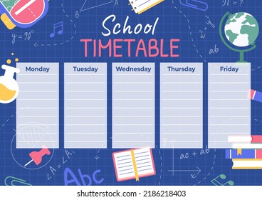 School timetable, weekly classes schedule on blue blackboard background. Vector school timetable with chalk notes on the board, colorful education supplies.