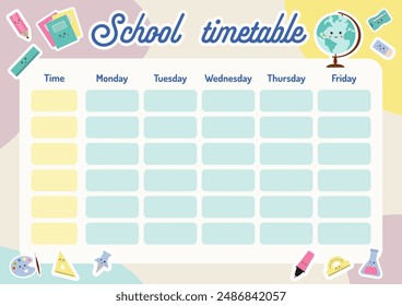 School timetable, weekly classes schedule for students or pupils. Illustration includes many education elements and school equipment. Schedule program, lesson plan for pupils. School children routine.