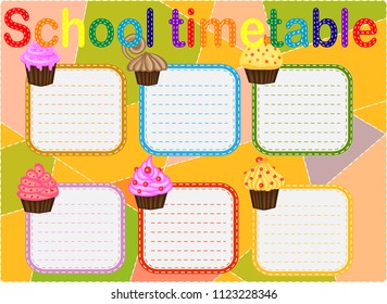 School Timetable, a weekly curriculum design template, scalable vector graphic with watercolor cupcakes