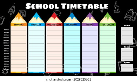 Horario escolar semanal, dibujos a mano iconos de los útiles escolares, lápices en la pizarra. Programación de plantillas de vectores, estilo de dibujos animados