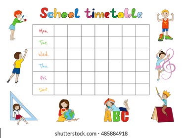 School timetable, weekly planner, organizer for students cartoon vector illustration