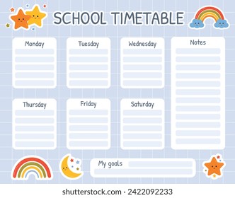 School timetable, weekly planner, printable school schedule for children. Planner template for kids, for lessons, class planning, notes, goals, to do list. Back to school planner.