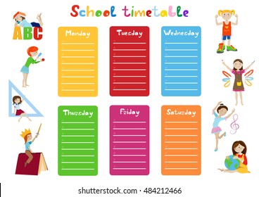 School timetable, weekly schedule for students cartoon vector illustration