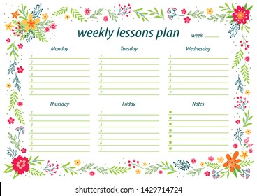 School Timetable And Weekly Schedule Vector Template. Student Lesson Plans With Cute Flowers On Background. Education Design - Vector