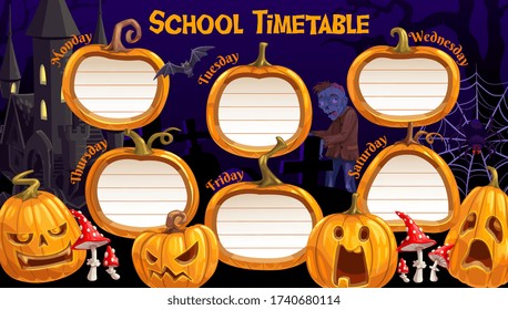 School timetable, weekly schedule vector template with cartoon Halloween jack-o-lantern pumpkins and spooky characters. School time table with zombie, bat, spider and fly agaric on cemetery and castle