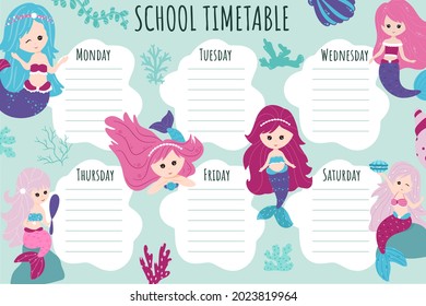 School Timetable. Weekly schedule vector template for school students. Little mermaids, elements of the underwater world.