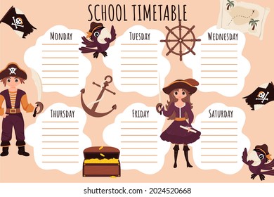 School Timetable. Weekly schedule vector template for school students. Pirates, treasures, parrot, steering wheel, skull, adventures.