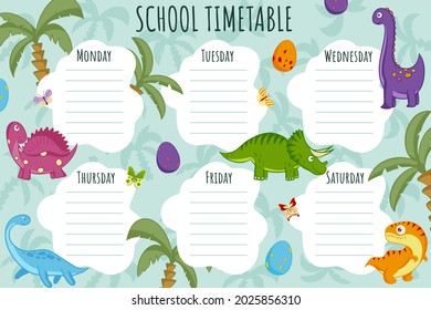 School Timetable. Weekly schedule vector template for school students. Dinosaurs palm trees and butterflies.