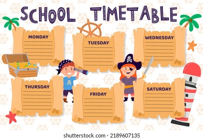 School Timetable. Weekly Schedule Vector Template For School Students. Pirates, Treasures, Starfish, Steering Wheel, Adventures