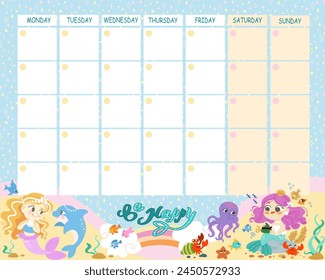 Horario escolar. Programación semanal de Plantilla de Vector para estudiantes escolares. Cuaderno de aprendizaje, papelería para niñas. Concepto de caricatura de Vector. Sirenas lindas con peces en el mundo submarino. Listo para imprimir