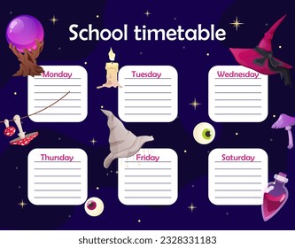 El concepto de sombreros brujos según el horario escolar. Fly agaric y bola de cristal, vela, poción. Gestión del tiempo y organización de un proceso educativo eficaz. Dibujo vectorial plano de dibujos animados