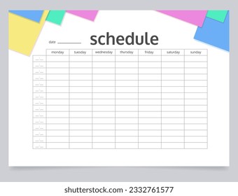 School timetable worksheet design template. Blank printable goal setting sheet. Time management sample. Scheduling page for organizing personal tasks. Barlow Bold, Oxygen Regular fonts used