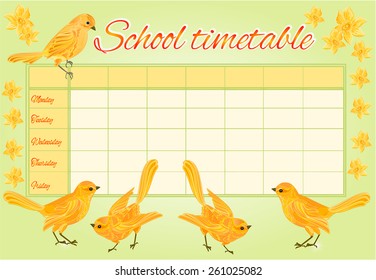 School timetable with yellow birds and daffodil vector illustration