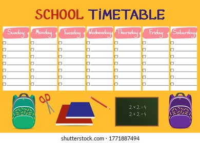 School timetable.Template of the schedule of the day and lessons of pupils. Schedule for every day. Back to school. Vector illustration