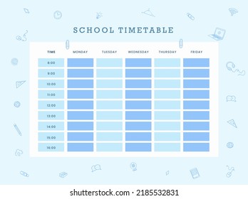 School timetable.Weekly planner template with school objects and symbols.Vector illustration