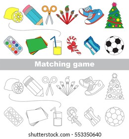 School tolls set to find the pairs, the matching educational kid game to compare and connect objects and their pairs, simple game level for preschool kids education.