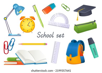 School tools 3d realistic set. Bundle of table lamp, pen, eraser, paper clip, ruler, graduation hat, pencil case, stack of textbooks, backpack, marker and other isolated elements.Vector illustration