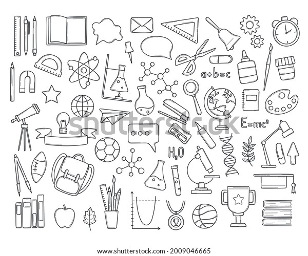 School tools background. Stationery, icons,\
pictograms in doodle style. Pen, globe, backpack, ruler, book,\
brush, pencil and other items in hand drawn sketch.Isolated on\
white vector line\
illustration