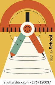 School tools with compass and pencil in flat graphic style on yellow background, concept of education. Vector illustration