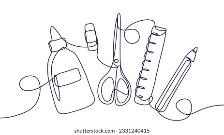 School tools continuous line concept. Pencil, glue, scissors and ruler. School and office supplies. Minimalist creativity and art. Linear flat vector illustration isolated on white background - Shutterstock ID 2331240415