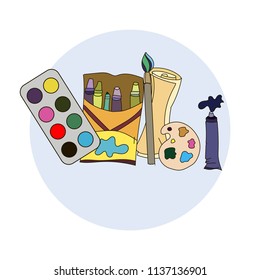 School tools for drawing.
Вrush for drawing, paint, pencils, crayons.
