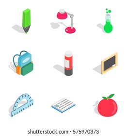 School tools icons set. Isometric 3d illustration of 9 school tools vector icons for web