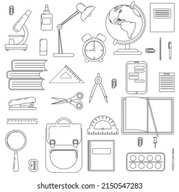 Iconos de herramientas escolares. Pictogramas de estacionería. Mochila, regla, libro, cepillo, pluma, globo, lápiz y otros artículos de estilo sencillo. Aislado en la ilustración de la línea vectorial de fondo blanco.