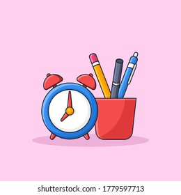 school tools inside a cup with alarm clock simple vector illustration. pencil, pen, marker student item for back to school concept. cartoon style outline flat design