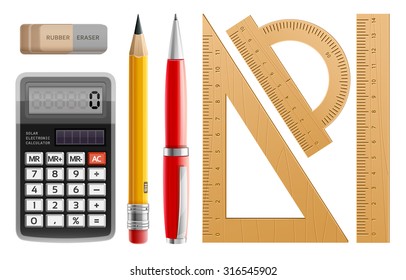 School tools for learning, pencil, pen, calculator, rulers and rubber. Eps10 vector illustration. Isolated on white background