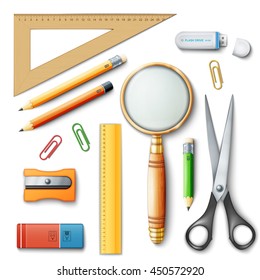 School tools for learning, pencil, rulers and rubber. Eps10 vector illustration isolated on white background