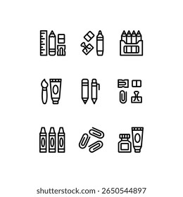 School tools line icon set. Education vector icons. Includes pencil, paper clips, crayons and paints symbols. Perfect for infographics, web, and apps.