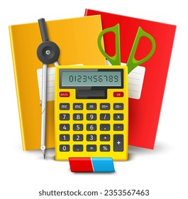 School tools. Office stationery. Realistic calculator. Scissors and eraser. 3D mathematical accessories. Math compass. Students copybook or notepad. Educational object