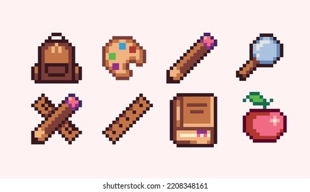 Juego de píxeles de las herramientas escolares. Colección del logo estudiantil, carteles educativos. Sprite de 8 bits. Desarrollo de juegos, aplicación móvil.  Ilustración vectorial aislada.