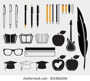 School tools Printable Vector Illustration. Pencils, pens, markers, paints, book, graduation cap, apple ,Collection of school stationery and tools for learning, studies, education