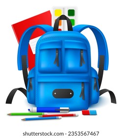 Schulwerkzeuge. Realistischer Rucksack mit Schreibwaren. Bleistifte und Farbpalette. Schülernotiz. Gürtelspitzenmarker und Radiergummi. Die Schüler knapsack. Lernzubehör