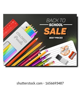 School Tools Sale Creative Advertise Poster Vector. Plastic Ruler And Sharpener With Shavings, Pencil Package And Copybook Paper List School Equipment. Concept Template Realistic 3d Illustration