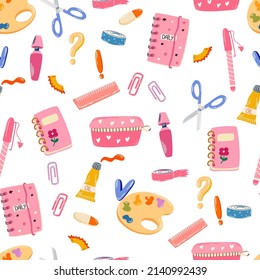 School tools seamless pattern. Stationery background. Back to school. Endless background in childish style for fabric, textile, kids and wallpaper. Vector illustration