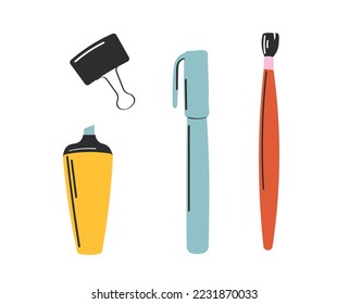 School tools set. Collection of stickers for social networks. Brush, marker and pen. Writing utensils for schoolchildren and students. Cartoon flat vector illustrations isolated on white background