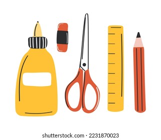 School tools set. Graphic elements for website, stickers for messengers. Scissors, pencil, ruler and eraser. Education and training. Cartoon flat vector illustrations isolated on white background