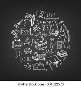 School tools sketch icons isolation in a circle on blackboard vector design illustration. Background School.